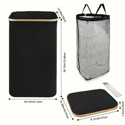 Large Laundry Hamper with Lid, 100L Laundry Basket with Bamboo Handles for Clothes and Toys, Freestanding Collapsible Laundry Basket with Inner Bag for Bedroom and Bathroom-Black