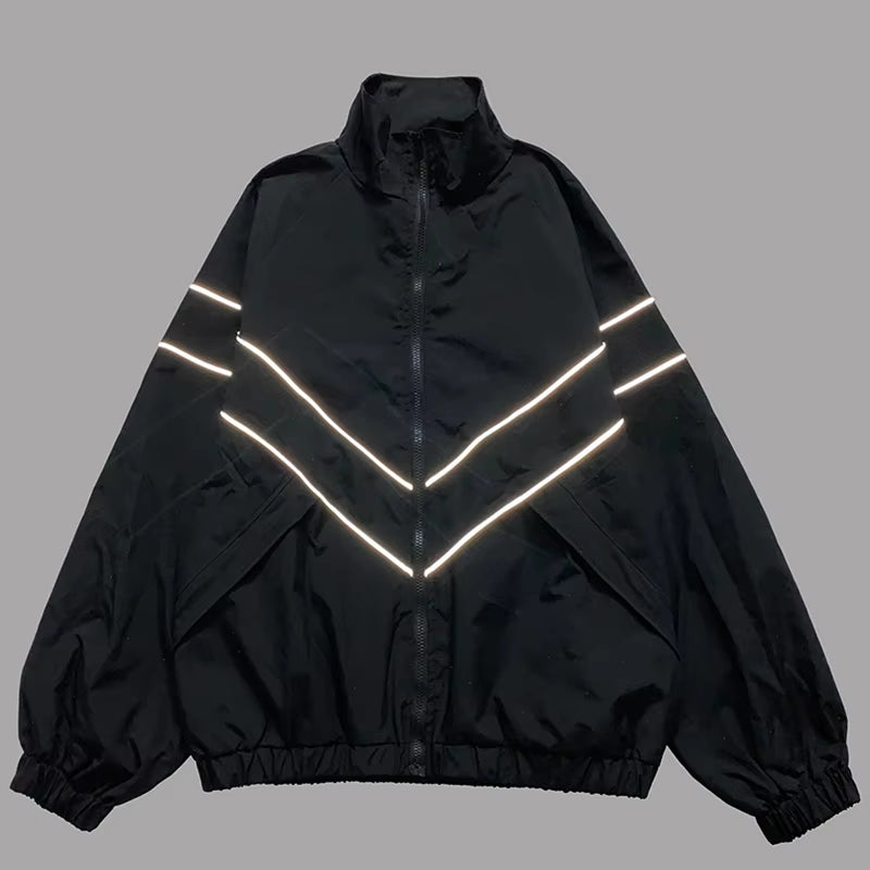 Men Hip Hop Streetwear Reflective Striped Jacket Coat Zipper up Jacket Windbreaker Harajuku Thin Jacket Sports Black Blue
