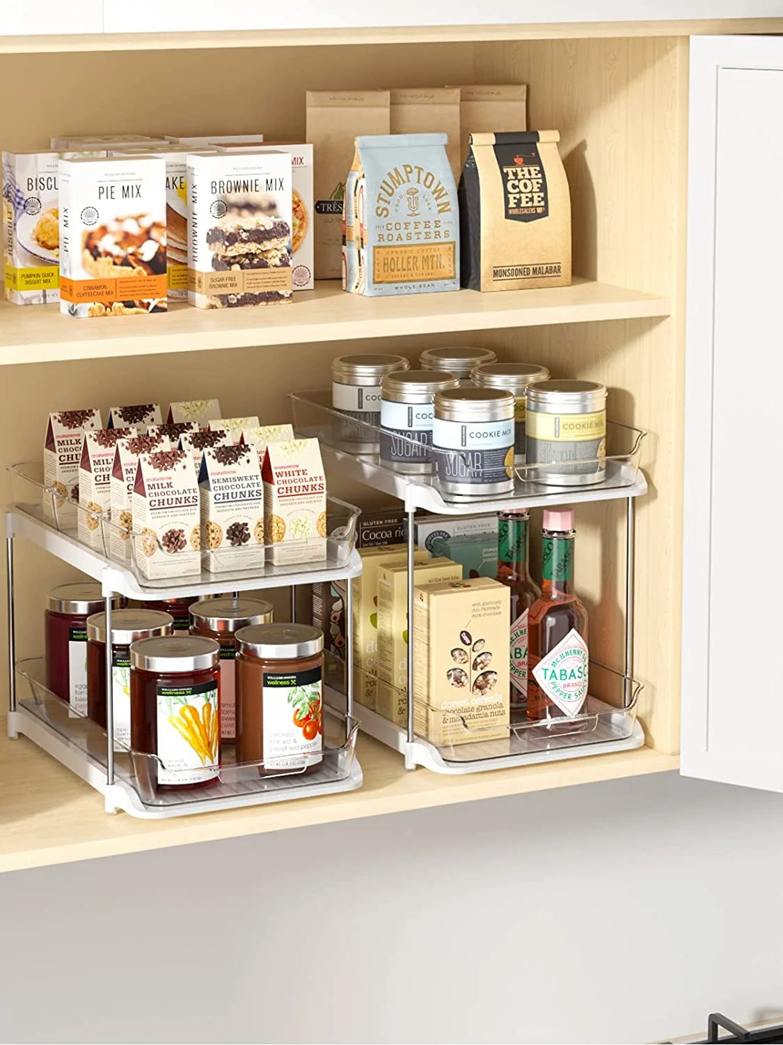 2 Pack Set under Sink Organizers and Storage, 2 Tier Sliding Bathroom Sink Organizer, Multi-Use under Kitchen Cabinet Storage Shelf (S&L), Transparent