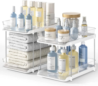 2 Pack Set under Sink Organizers and Storage, 2 Tier Sliding Bathroom Sink Organizer, Multi-Use under Kitchen Cabinet Storage Shelf (S&L), Transparent